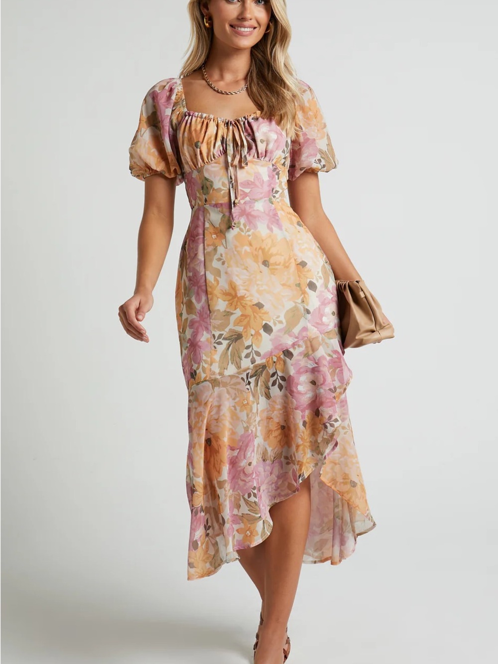 Showpo Jasalina Floral Puff-Sleeve High-Low Midi Dress in Pink & Peach